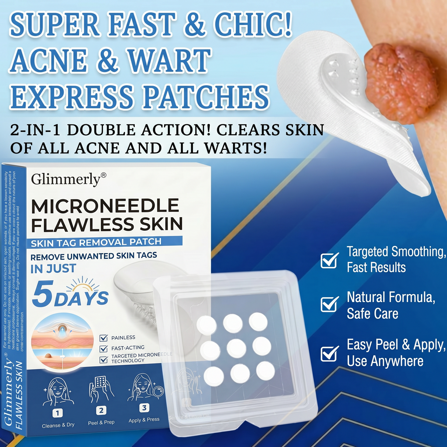 Glimmerly®🌲 2-in-1 Microneedle & Hydrocolloid Patch | Raised Moles,Acne,  Flat Warts & Skin Tags Remover | Improves Wrinkles, Scars & Blemishes | Invisible Pimple Patches for Face & Body | 144 Count